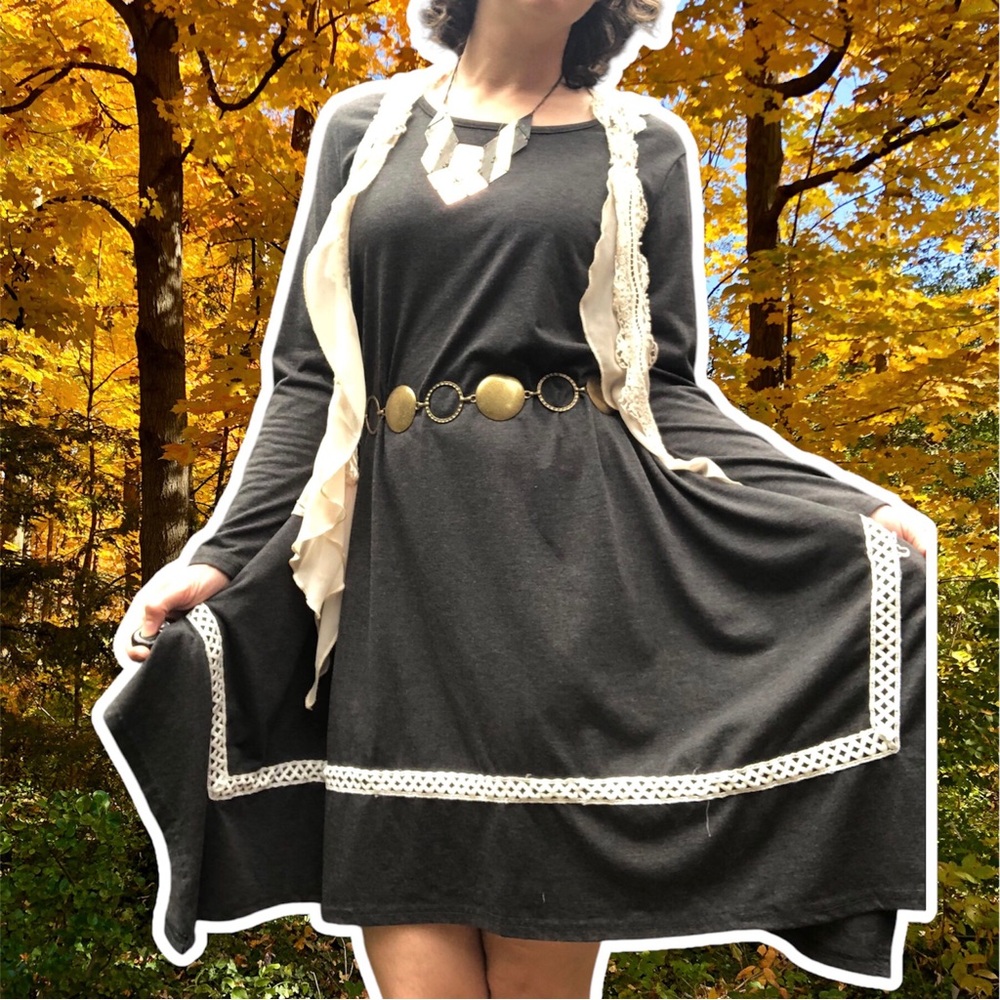 Long Sleeve Gray Knit Dress with White Basketweave Trim, Size M
